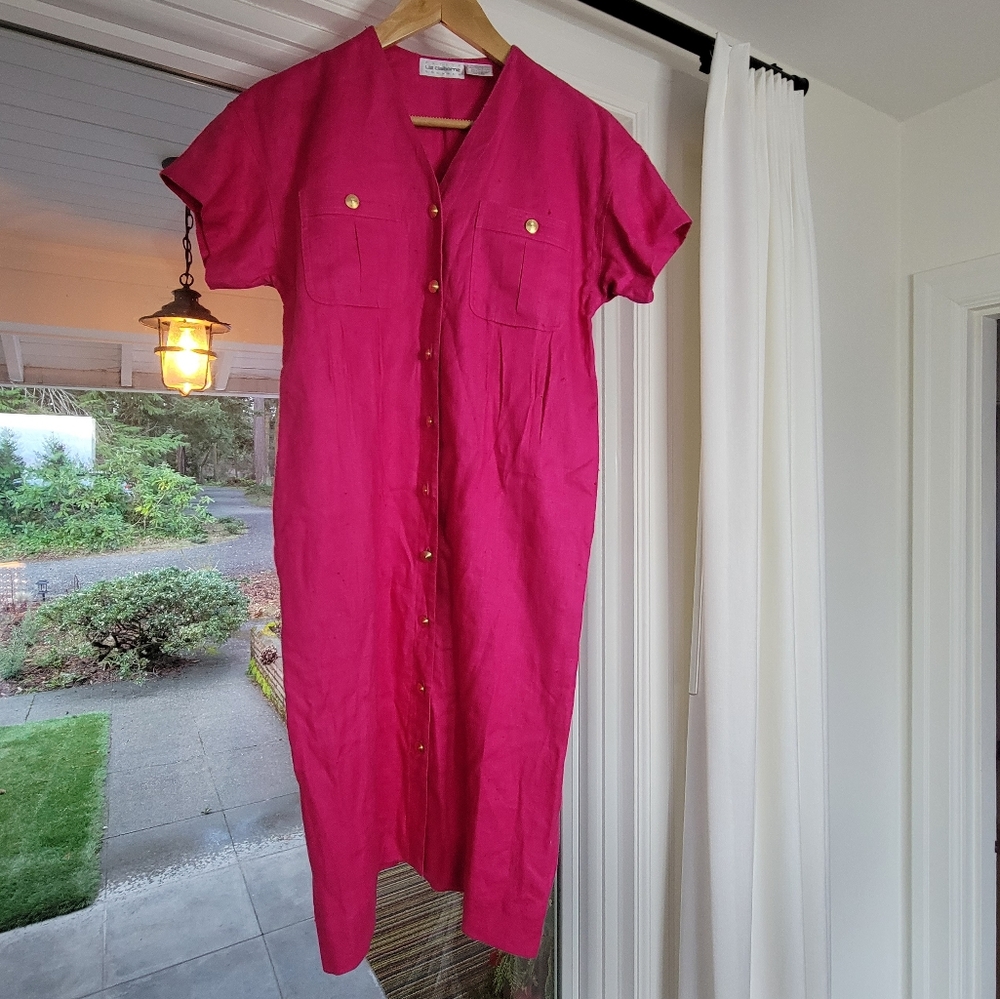 Vintage Liz Claiborne Petite Linen Barbie Hot Pink Dress Women's Size 4